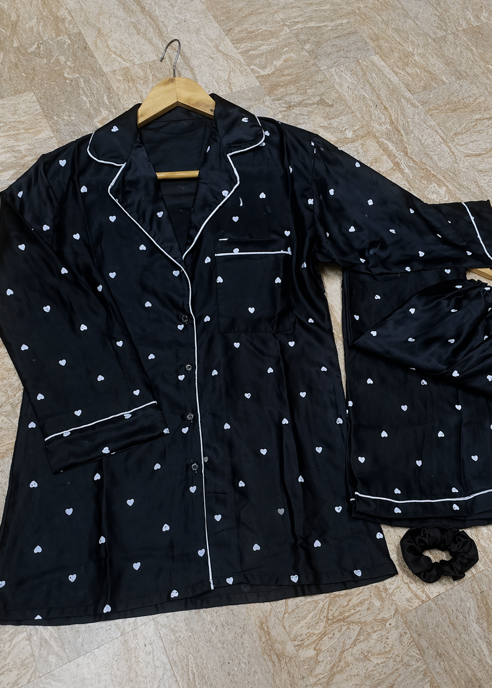 Premium Heart Print 3 Piece Silk Night Suit Set