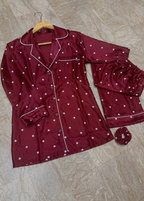 Premium Heart Print 3 Piece Silk Night Suit Set