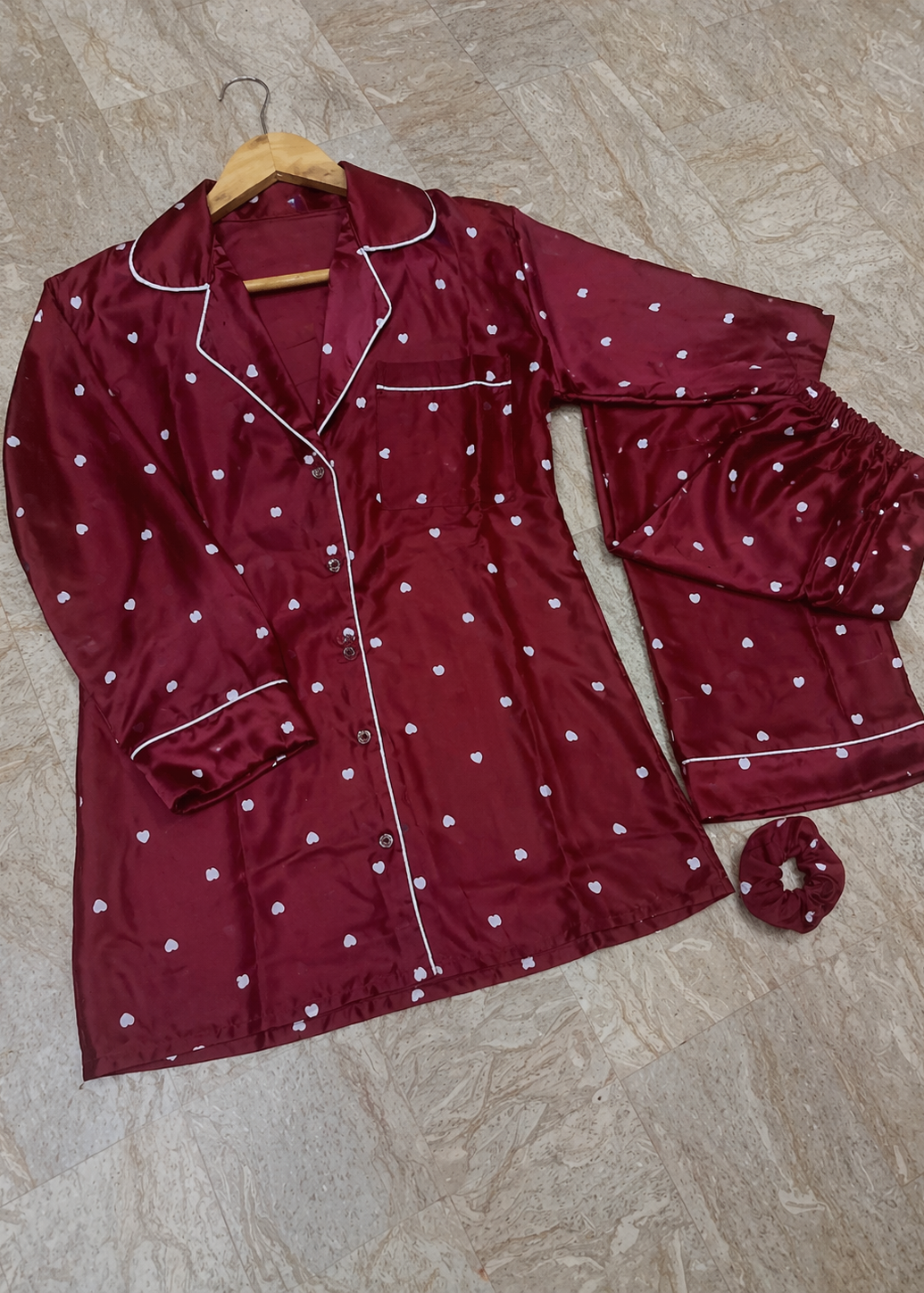 Premium Heart Print 3 Piece Silk Night Suit Set