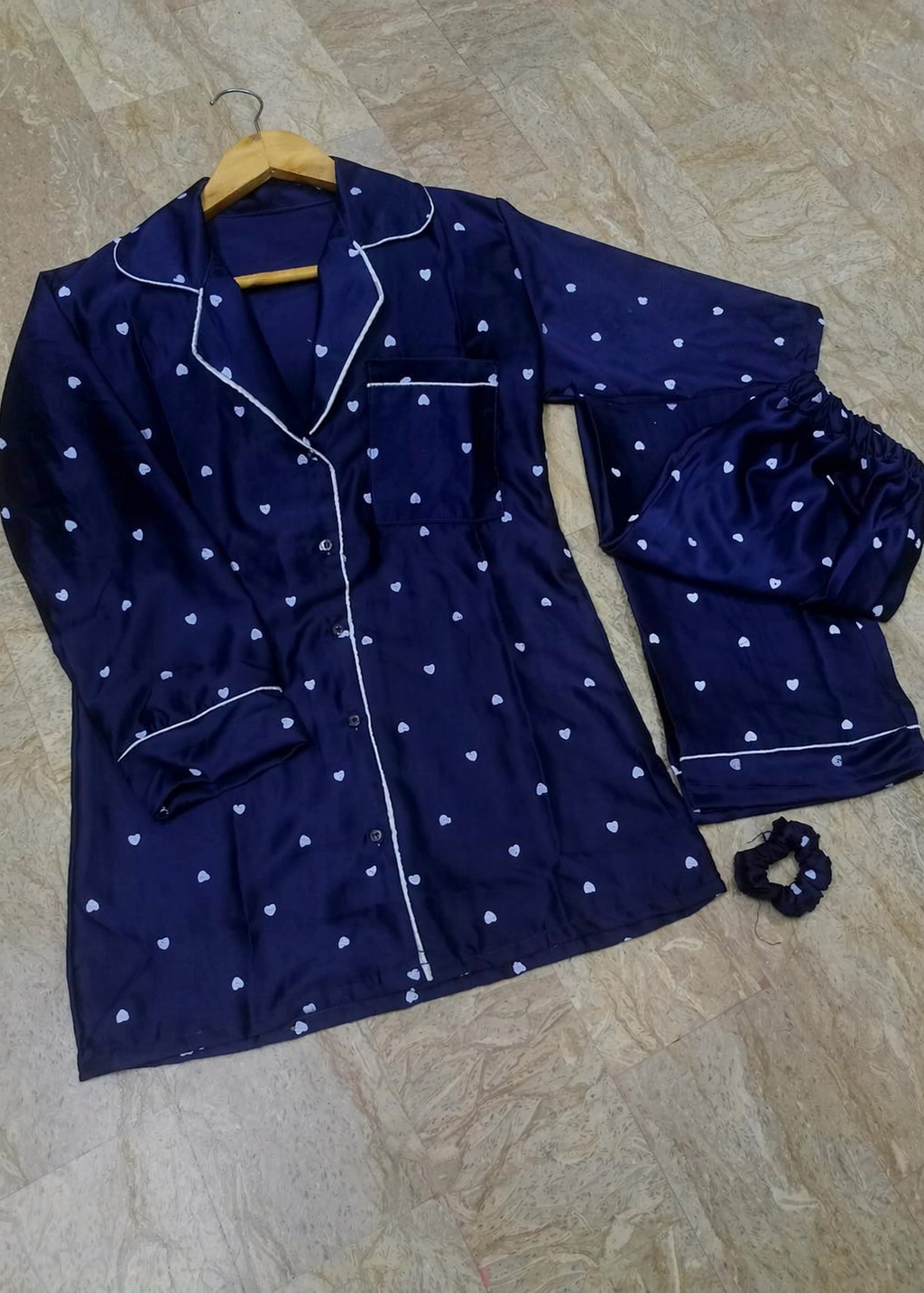 Premium Heart Print 3 Piece Silk Night Suit Set