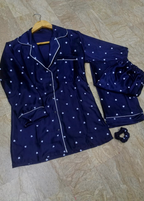 Premium Heart Print 3 Piece Silk Night Suit Set