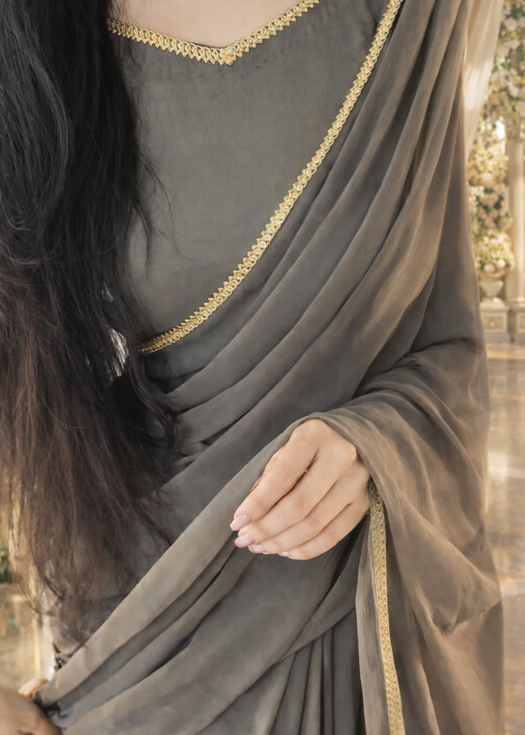 The Smoke & Silver Lace Bordered Chiffon Saree (Ready to Wear)