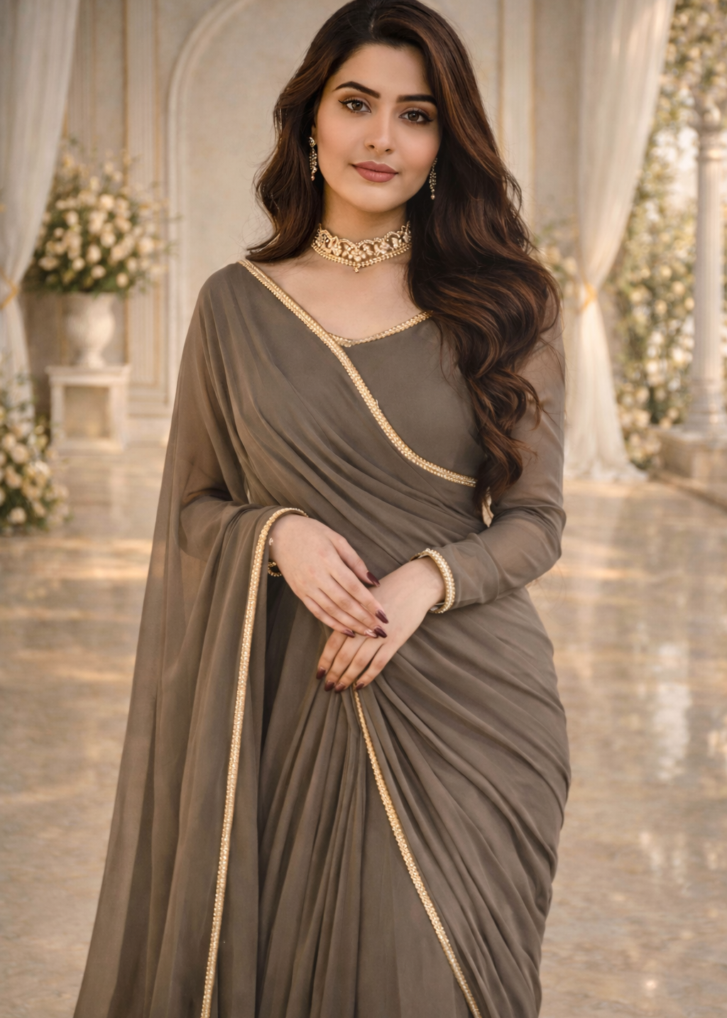 The Smoke & Silver Lace Bordered Chiffon Saree (Ready to Wear)
