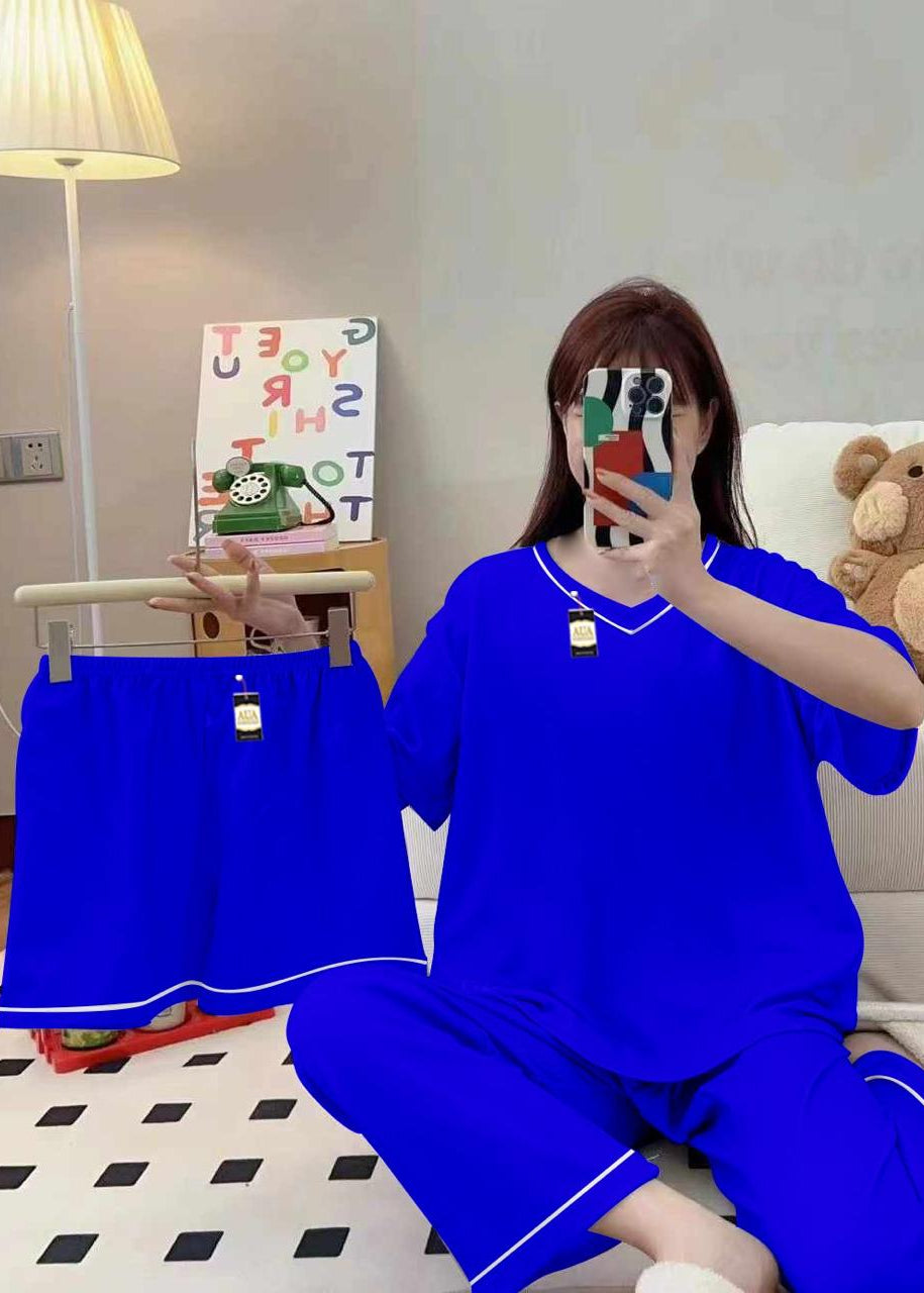 Premium Polyester Silk Night Suit 3 Piece Blue Set with Shorts & Trousers
