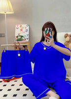 Premium Polyester Silk Night Suit 3 Piece Blue Set with Shorts & Trousers
