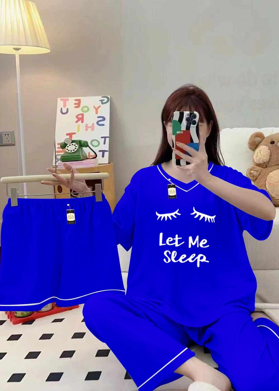Premium Polyester Silk Night Suit 3 Piece Blue Set with Shorts & Trousers