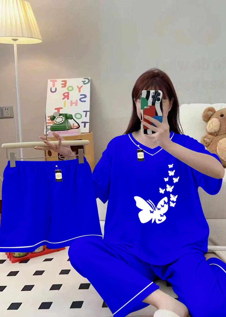 Premium Polyester Silk Night Suit 3 Piece Blue Set with Shorts & Trousers