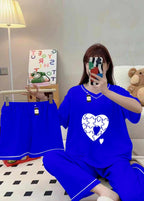 Premium Polyester Silk Night Suit 3 Piece Blue Set with Shorts & Trousers