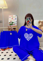 Premium Polyester Silk Night Suit 3 Piece Blue Set with Shorts & Trousers