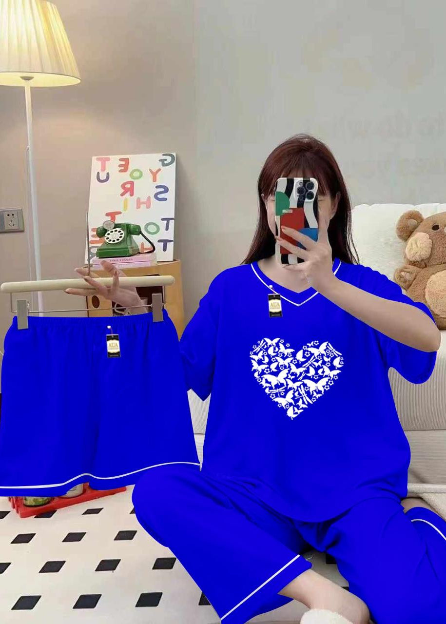 Premium Polyester Silk Night Suit 3 Piece Blue Set with Shorts & Trousers