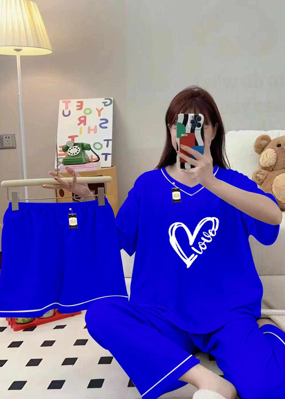 Premium Polyester Silk Night Suit 3 Piece Blue Set with Shorts & Trousers