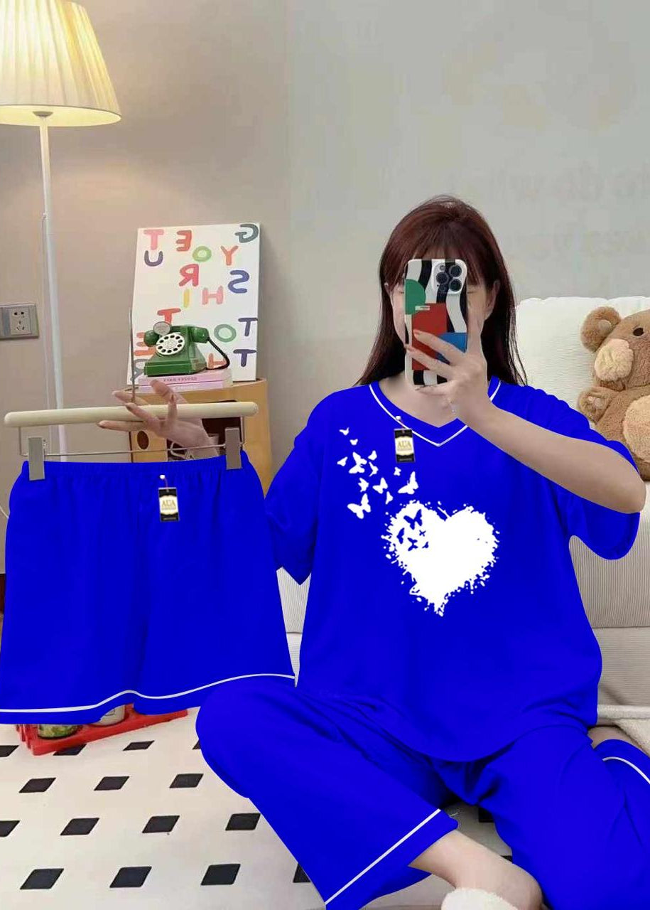 Premium Polyester Silk Night Suit 3 Piece Blue Set with Shorts & Trousers