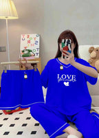 Premium Polyester Silk Night Suit 3 Piece Blue Set with Shorts & Trousers