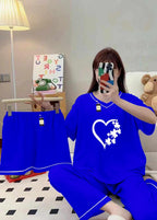 Premium Polyester Silk Night Suit 3 Piece Blue Set with Shorts & Trousers