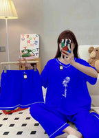 Premium Polyester Silk Night Suit 3 Piece Blue Set with Shorts & Trousers