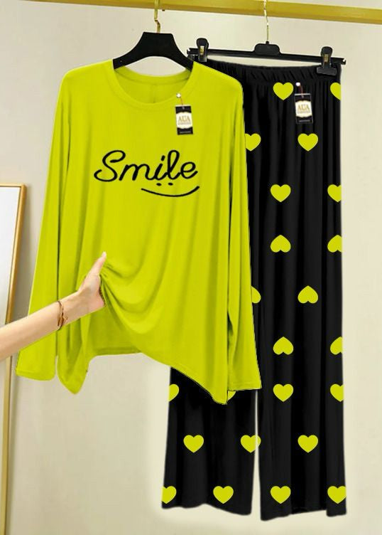 Lime Green & Black Printed Lounge Wear Set Premium Jersey Fabric