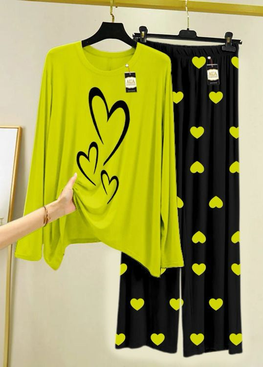 Lime Green & Black Printed Lounge Wear Set Premium Jersey Fabric