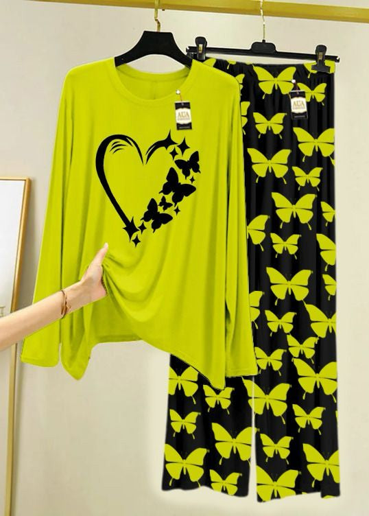 Lime Green & Black Printed Lounge Wear Set Premium Jersey Fabric