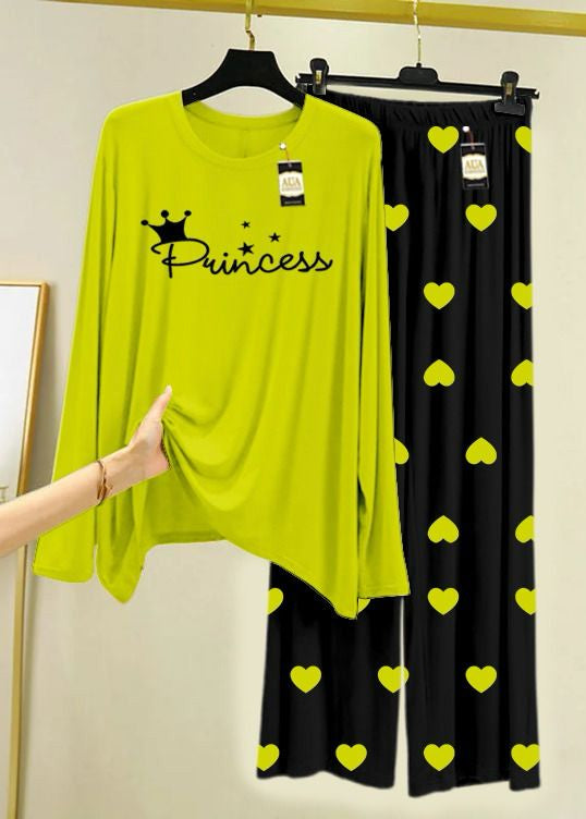 Lime Green & Black Printed Lounge Wear Set Premium Jersey Fabric