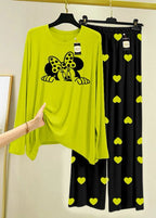 Lime Green & Black Printed Lounge Wear Set Premium Jersey Fabric