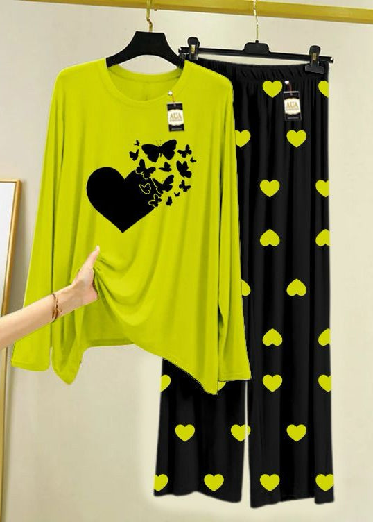 Lime Green & Black Printed Lounge Wear Set Premium Jersey Fabric