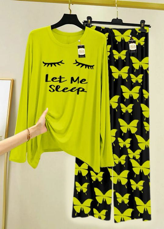 Lime Green & Black Printed Lounge Wear Set Premium Jersey Fabric