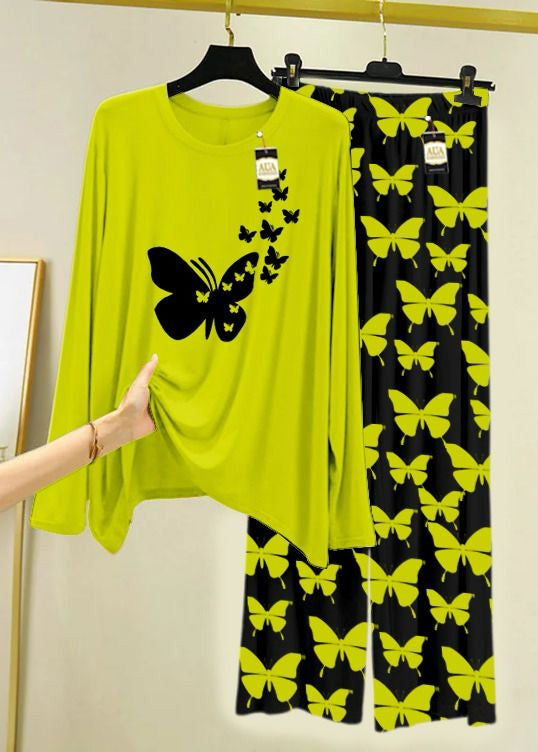 Lime Green & Black Printed Lounge Wear Set Premium Jersey Fabric