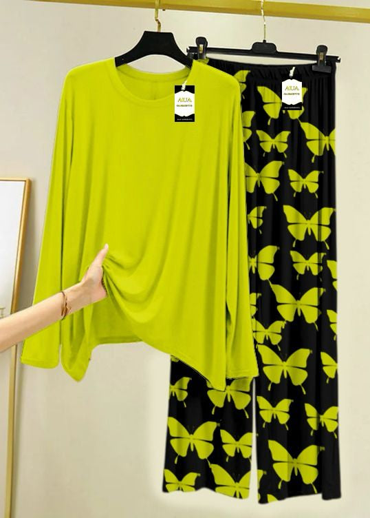 Lime Green & Black Printed Lounge Wear Set Premium Jersey Fabric