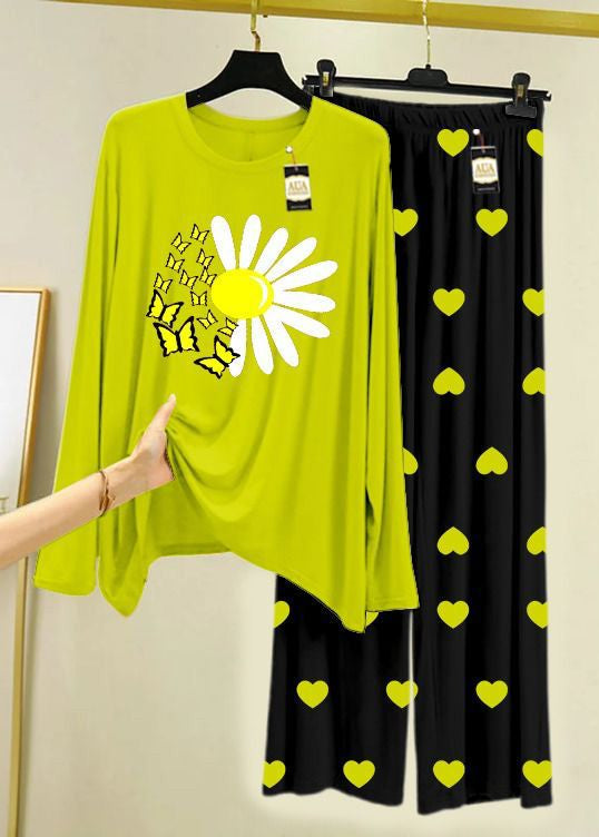 Lime Green & Black Printed Lounge Wear Set Premium Jersey Fabric