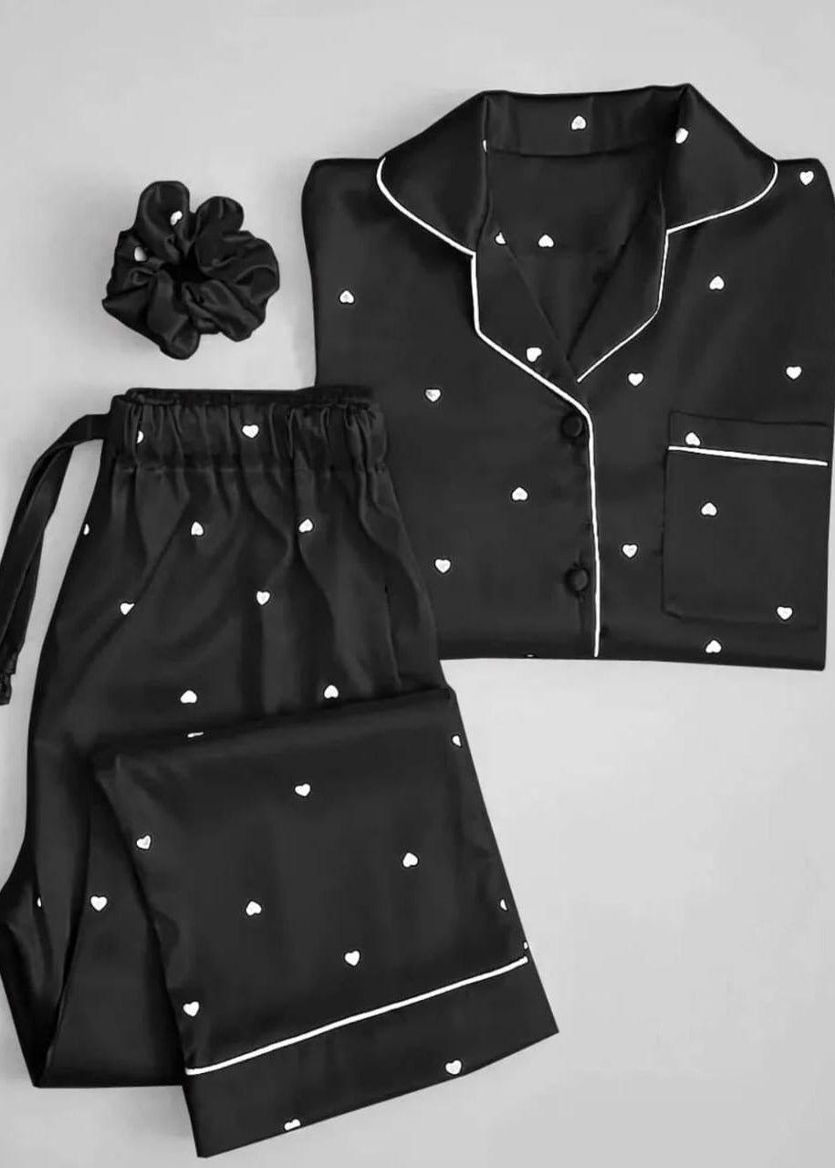 Premium Heart Print 3 Piece Silk Night Suit Set
