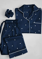 Premium Heart Print 3 Piece Silk Night Suit Set