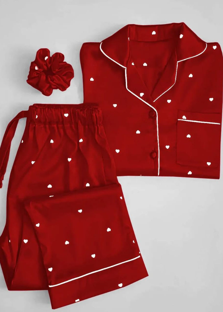 Premium Heart Print 3 Piece Silk Night Suit Set