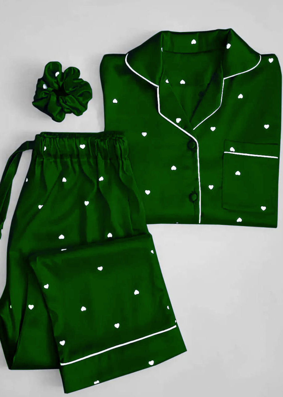 Premium Heart Print 3 Piece Silk Night Suit Set