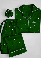 Premium Heart Print 3 Piece Silk Night Suit Set