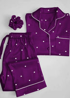 Premium Heart Print 3 Piece Silk Night Suit Set