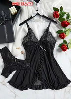 2 Piece Half Nighty Set Soft Net Fabric Black and Red