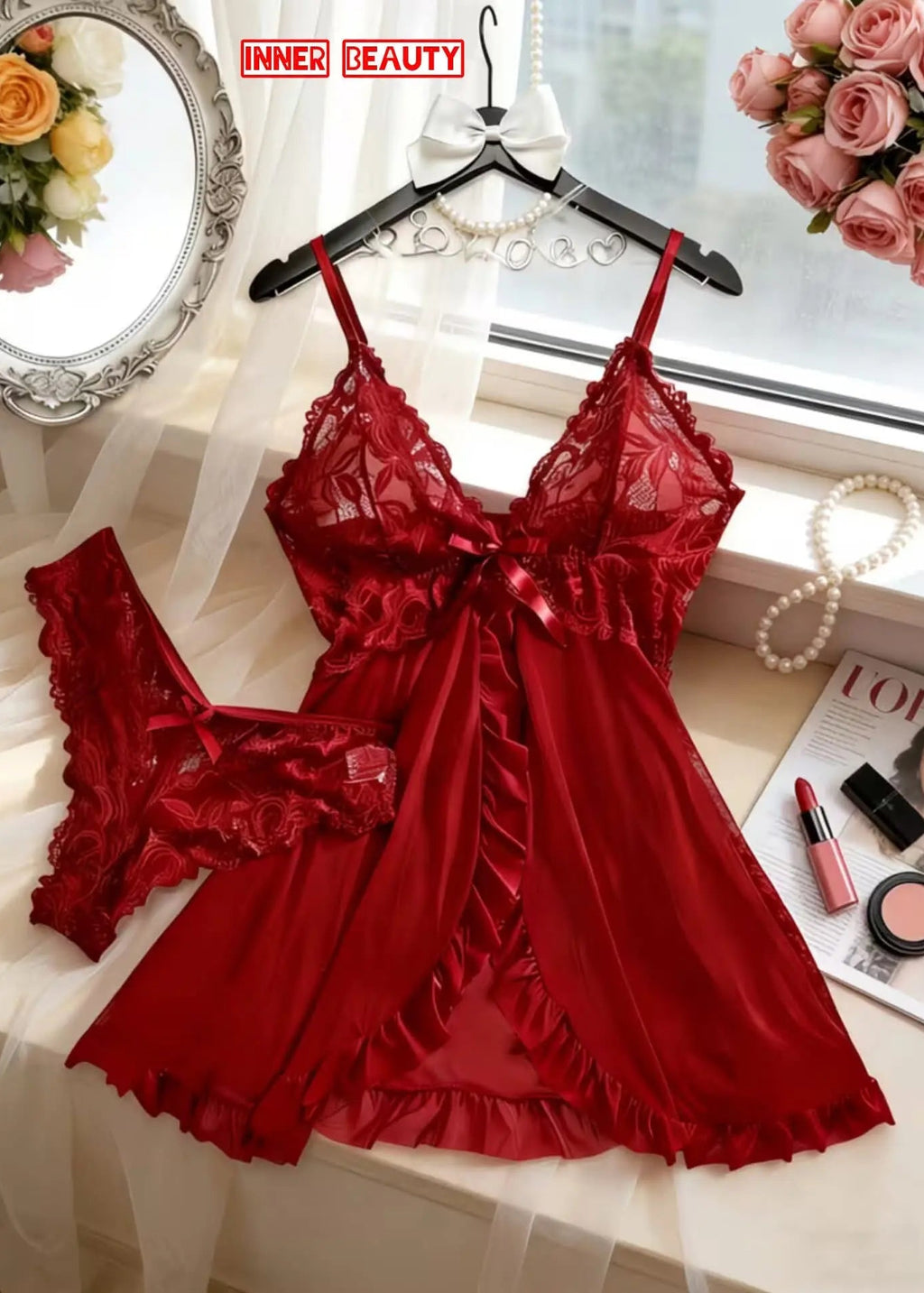 2 Piece Half Nighty Set Soft Net Fabric Black and Red