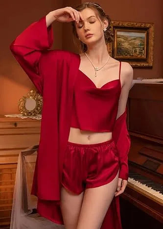 3 Piece Silk Half Nighty Set Soft and Stylish Nightwear for Women