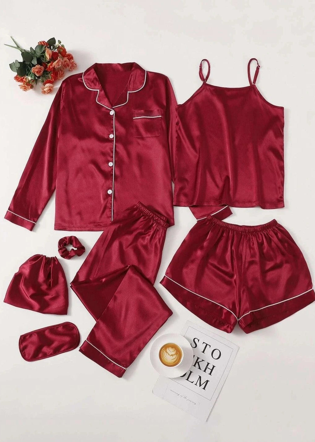 Premium 7 Piece Silk Nightwear Set with Contrast Piping