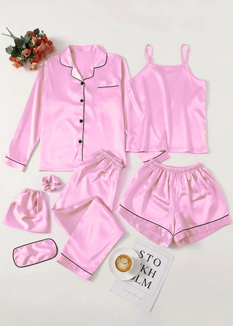 Premium 7 Piece Silk Nightwear Set with Contrast Piping