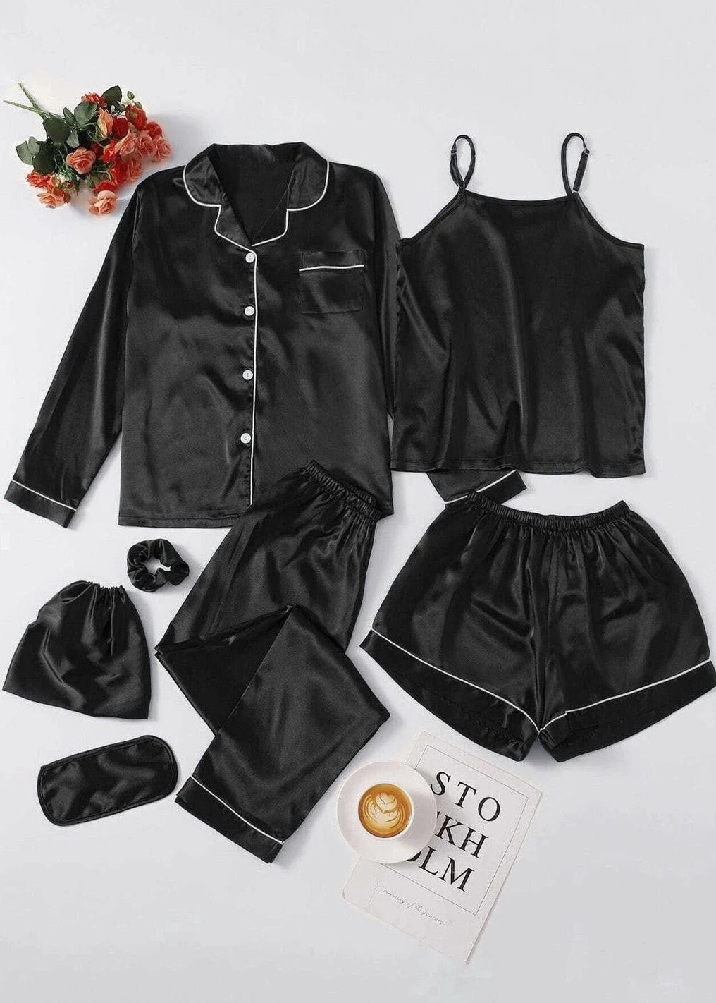 Premium 7 Piece Silk Nightwear Set with Contrast Piping