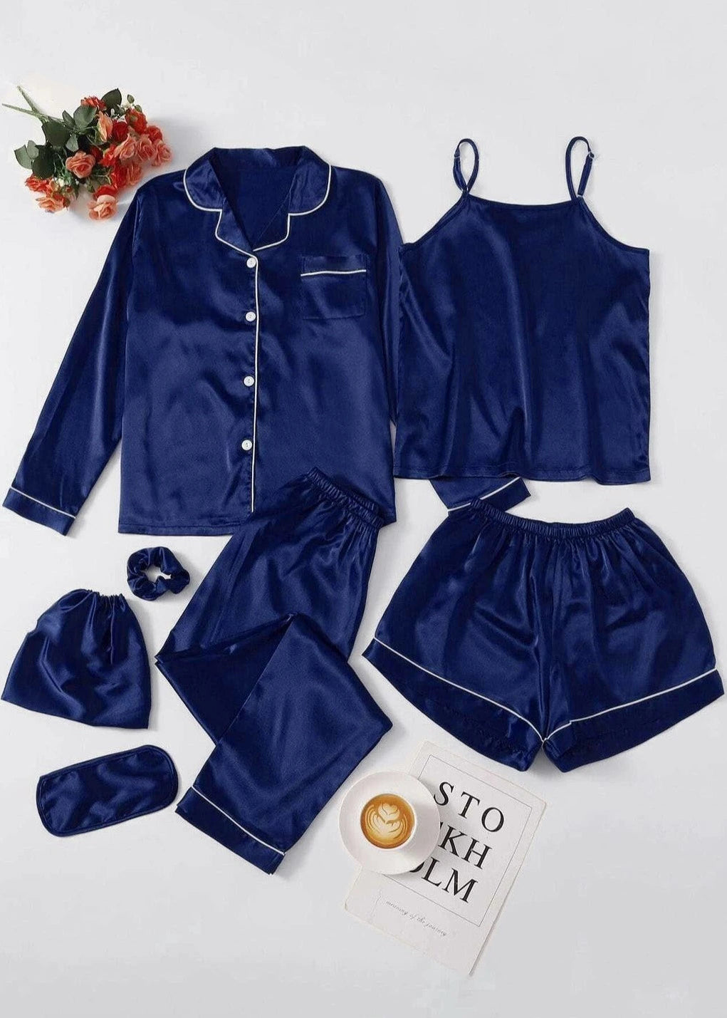 Premium 7 Piece Silk Nightwear Set with Contrast Piping